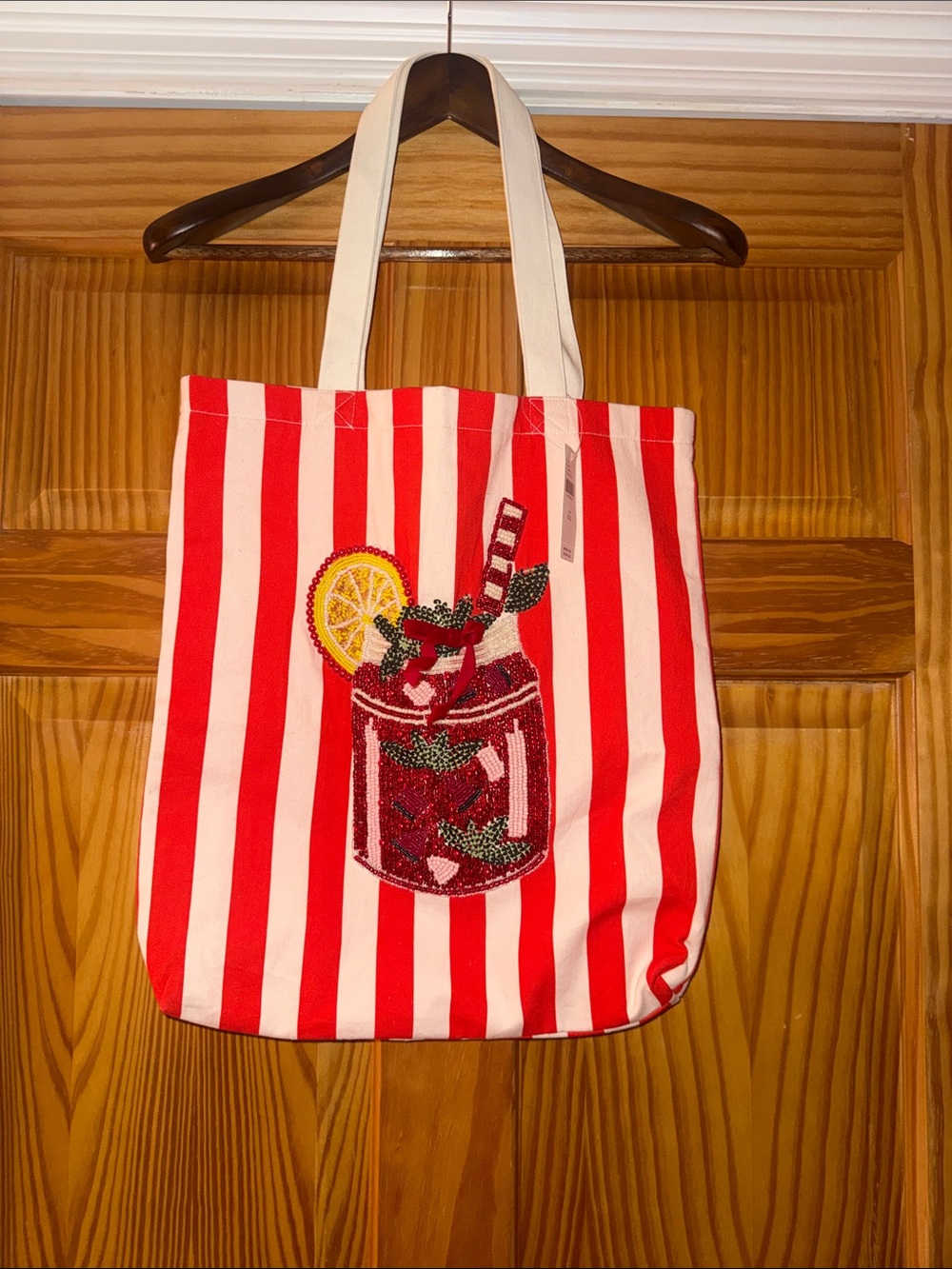NWT Anthropologie Red and White Striped Beaded Drink Tote